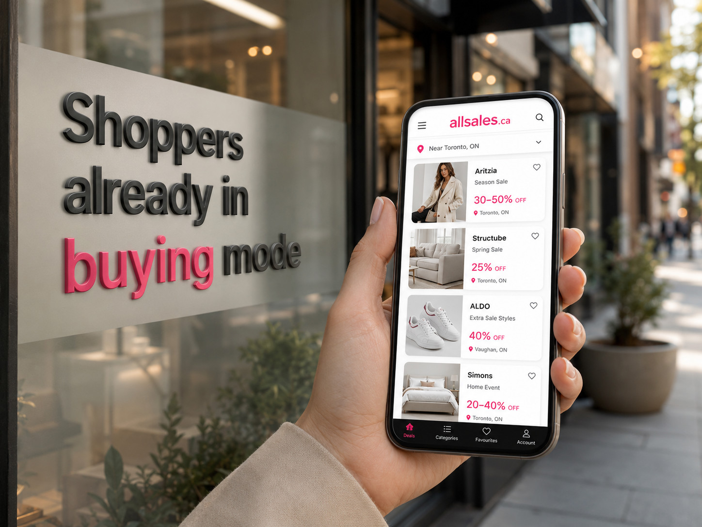 Shopper browsing deals on the allsales.ca mobile app on a shopping street, already in buying mode