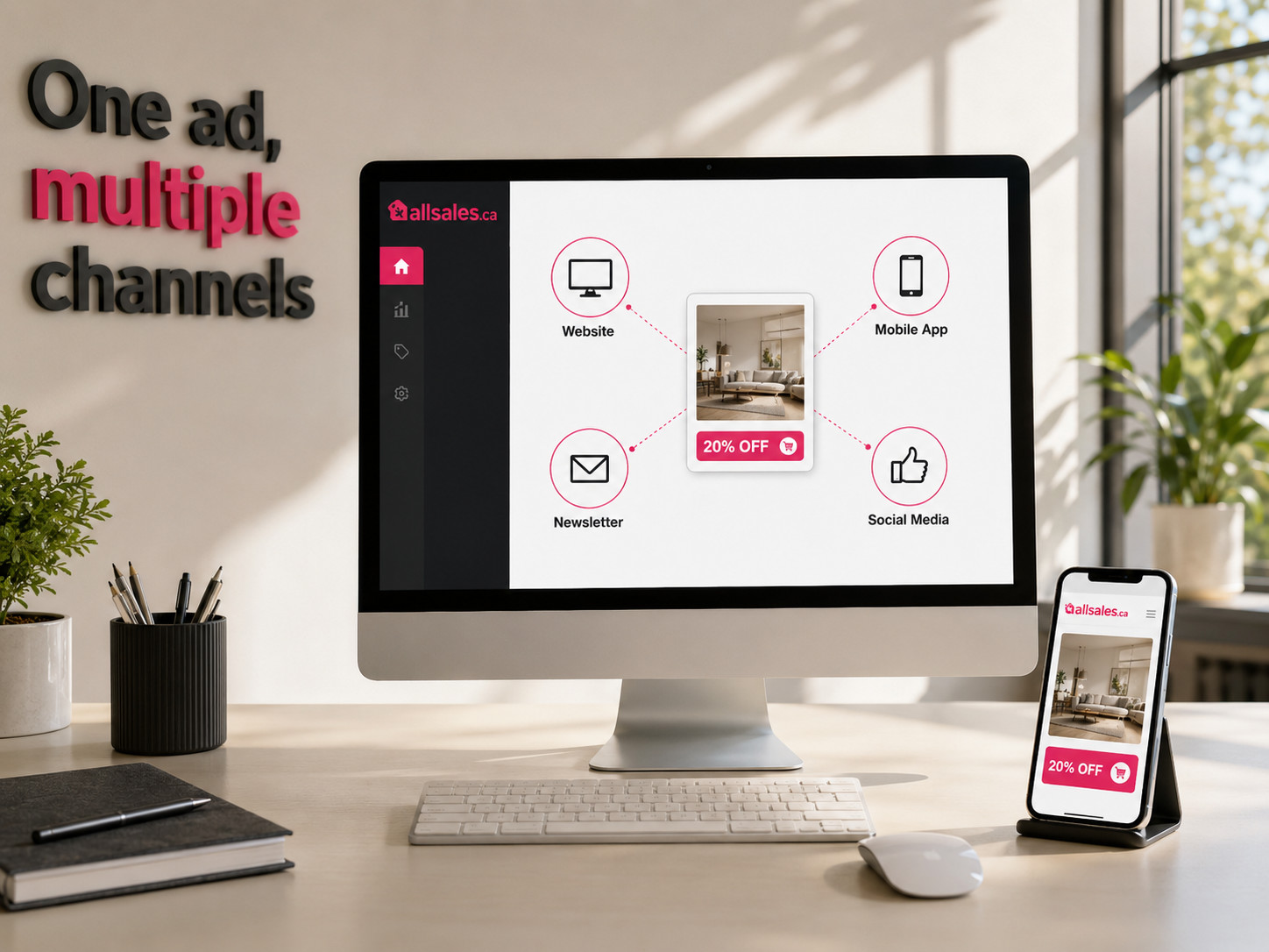 allsales.ca advertiser dashboard showing one ad distributed across multiple channels: website, mobile app, newsletter and social media